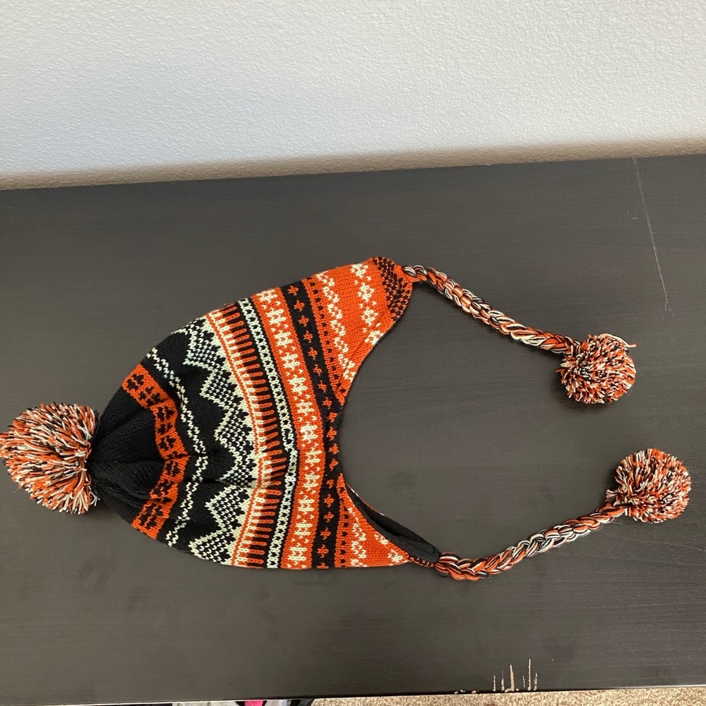 Orange and black knit winter hat